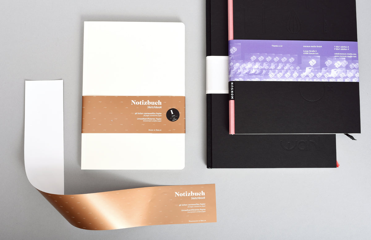 Individuell bedruckte Banderole aus Recyclingpapier für Notizbuch Sets und Events