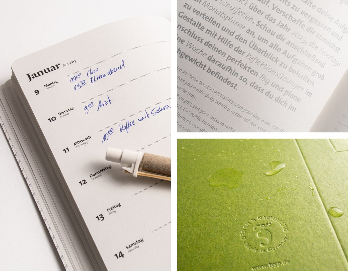 Detailaufnahme handschriftlicher Notizen im Buchkalender 2027
