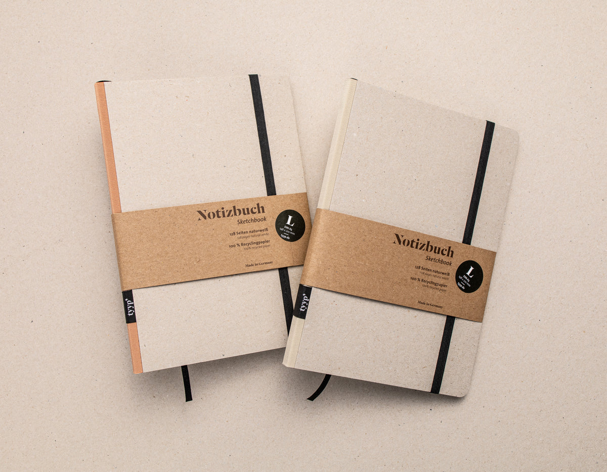 Notizbuch Modell Klassik mit Gummiband, runde Ecken, aus Recyclingpapier