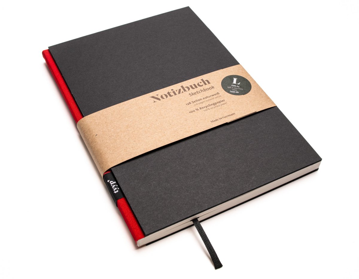 Notizbuch A5 „BerlinBook“ blanko, perforiert, Einband Schwarz | Bundfarbe: Red