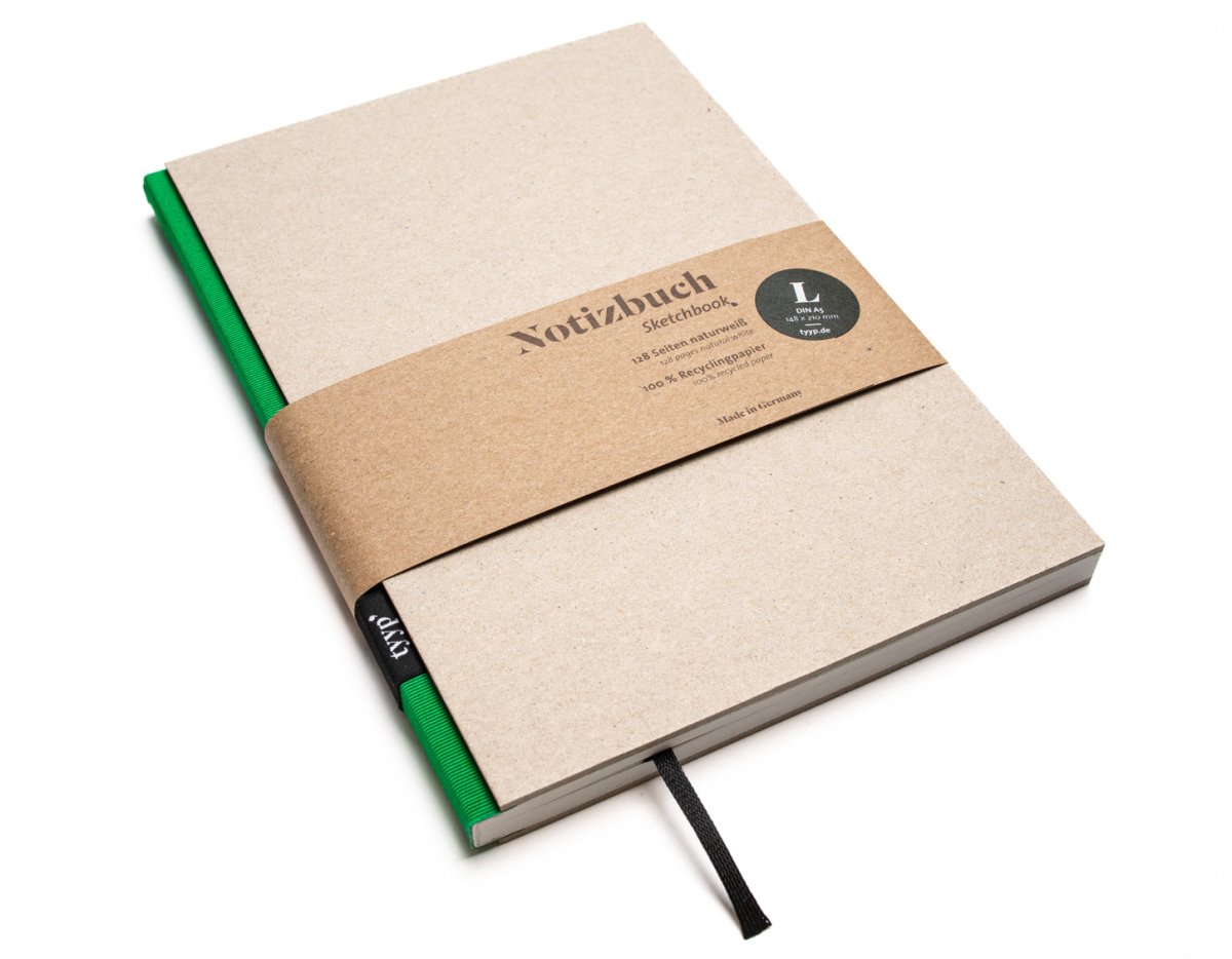 Notizbuch A5 „BerlinBook“ blanko, perforiert, Einband Recyclingkarton Grau | Bundfarbe: Gruen