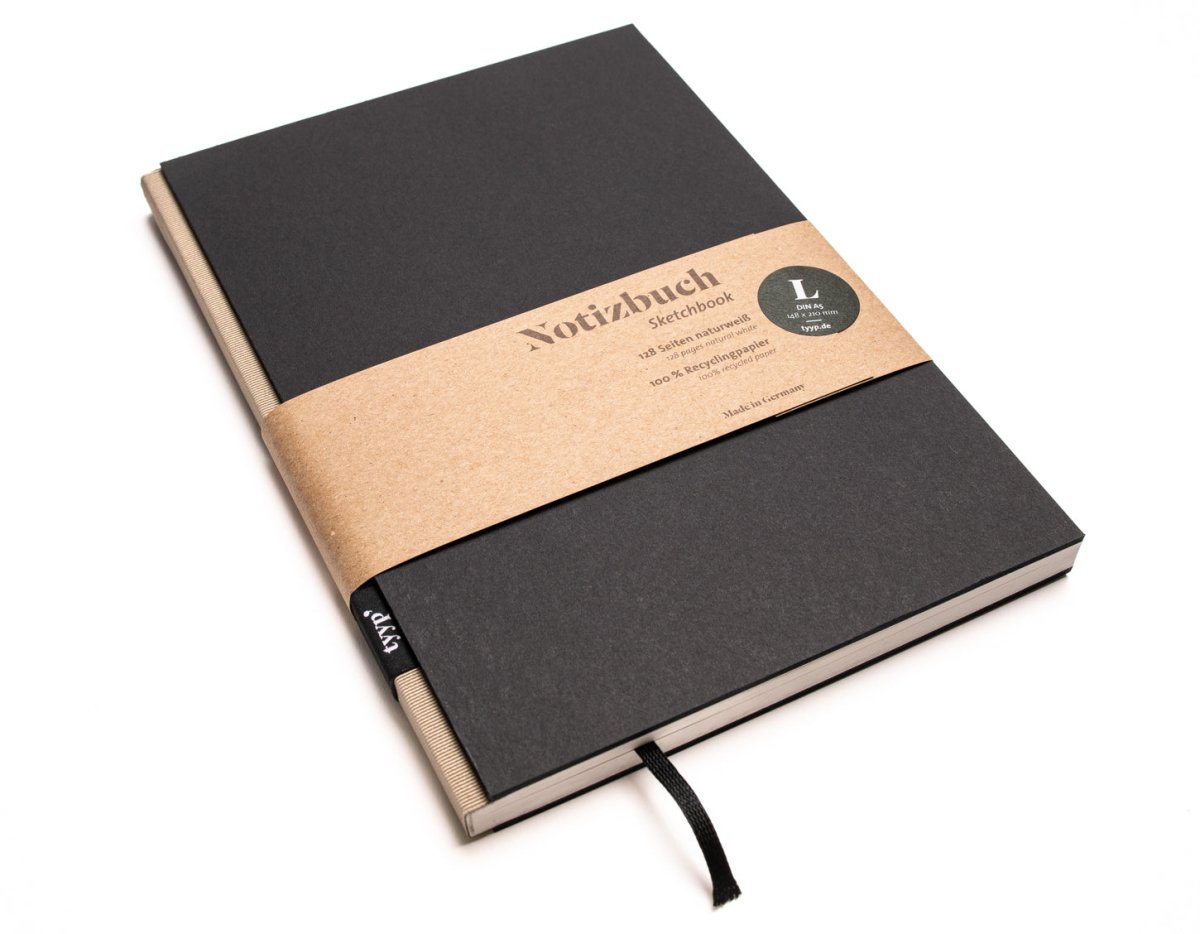 Notizbuch A5 „BerlinBook“ blanko, perforiert, Einband Schwarz | Bundfarbe: Latte