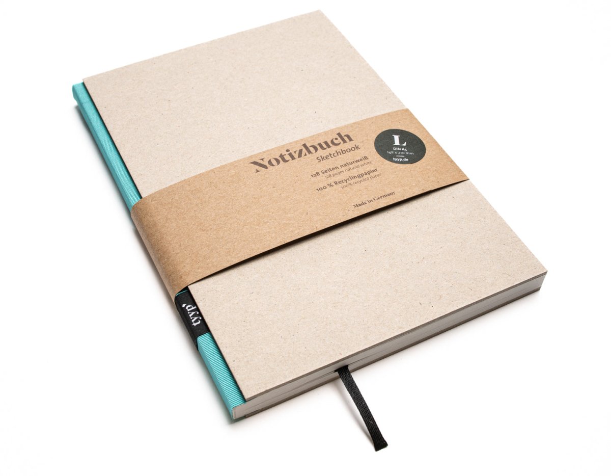Notizbuch A5 „BerlinBook“ blanko, perforiert, Einband Recyclingkarton Grau | Bundfarbe: Maldive