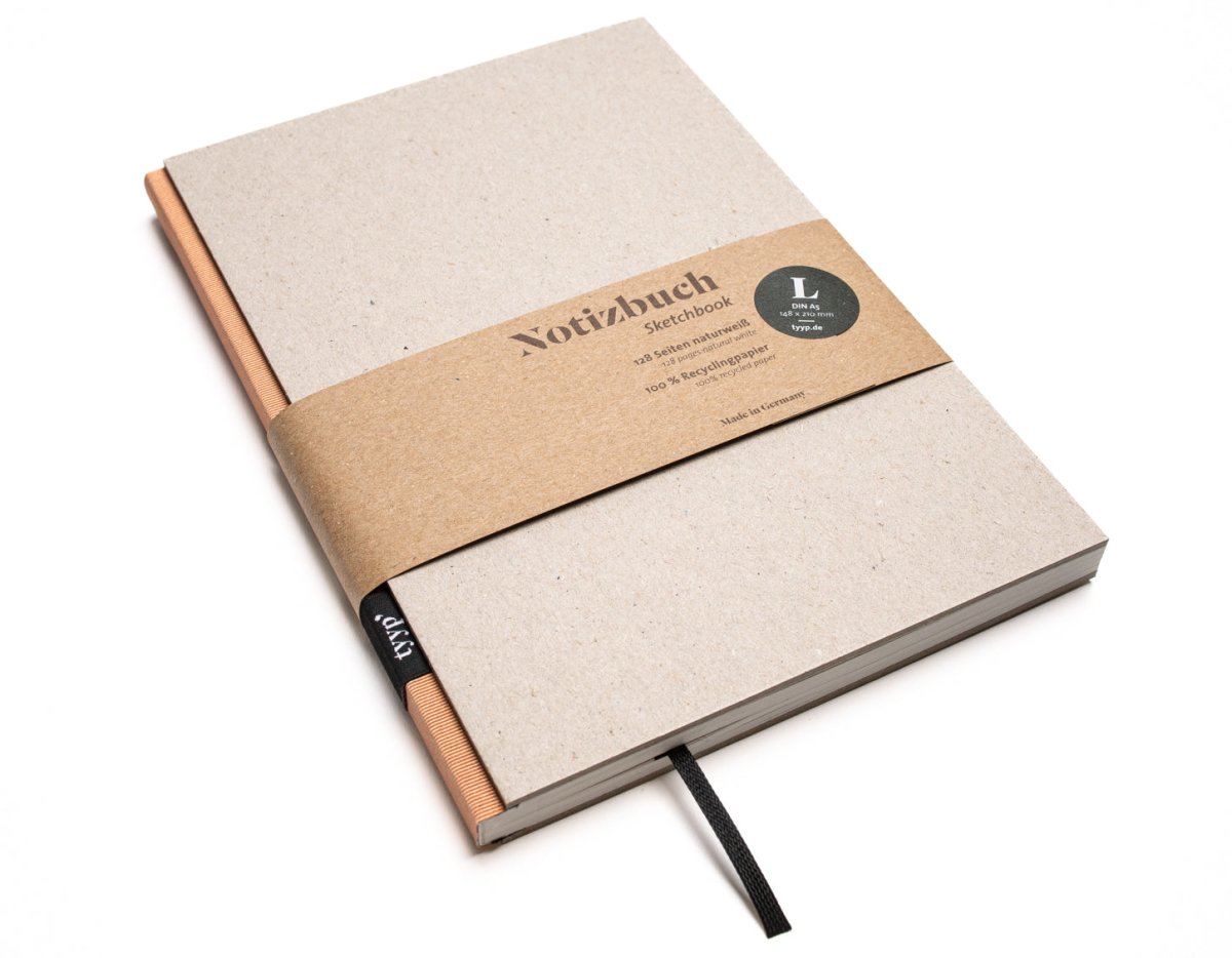 Notizbuch A5 „BerlinBook“ blanko, perforiert, Einband Recyclingkarton Grau | Bundfarbe: Violette