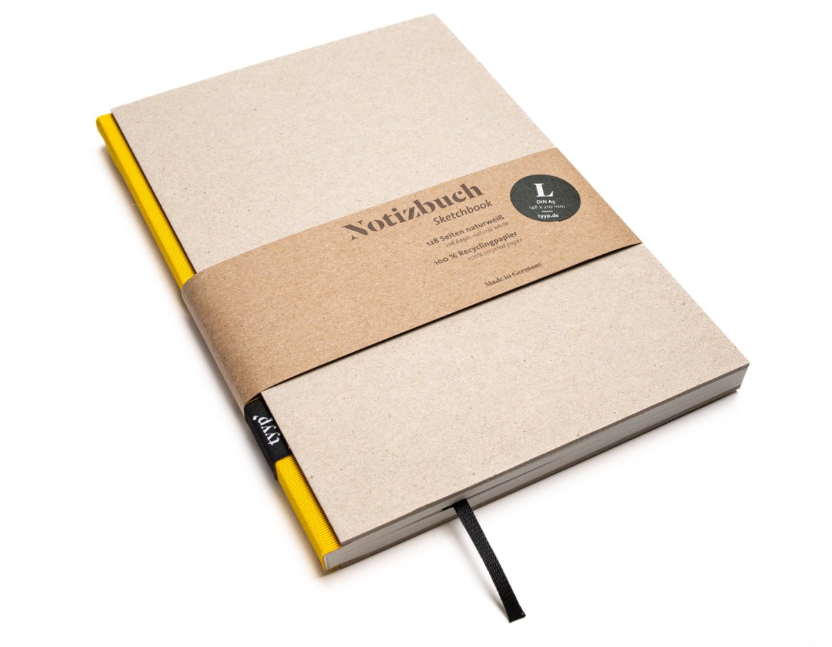 Notizbuch A5 „BerlinBook“ blanko, perforiert, Einband Recyclingkarton Grau | Bundfarbe: Gelb