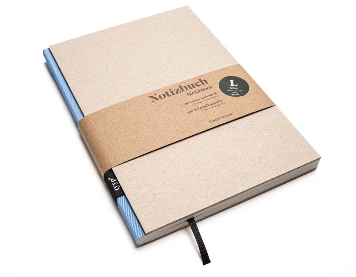 Notizbuch A5 „BerlinBook“ blanko, perforiert, Einband Recyclingkarton Grau | Bundfarbe: BabyBlau