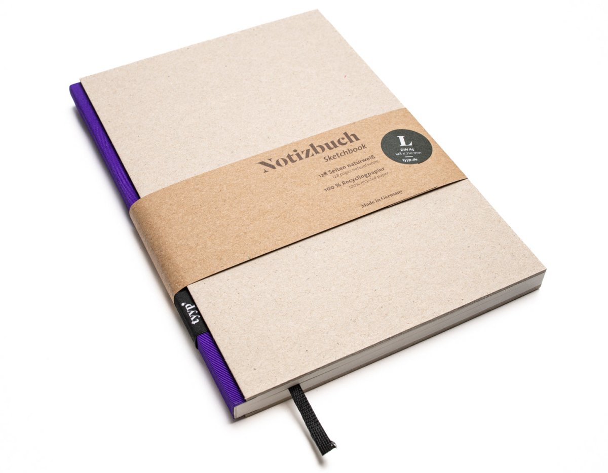 Notizbuch A5 „BerlinBook“ blanko, perforiert, Einband Recyclingkarton Grau | Bundfarbe: Violette