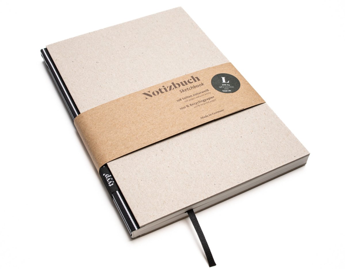 Notizbuch A5 „BerlinBook“ blanko, perforiert, Einband Recyclingkarton Grau | Bundfarbe: Schwarz-Streifen
