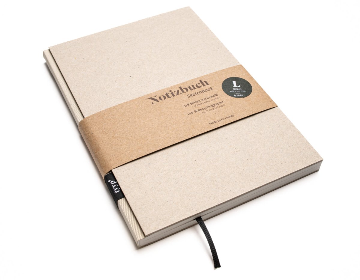 Notizbuch A5 „BerlinBook“ blanko, perforiert, Einband Recyclingkarton Grau | Bundfarbe: Creme-Farben