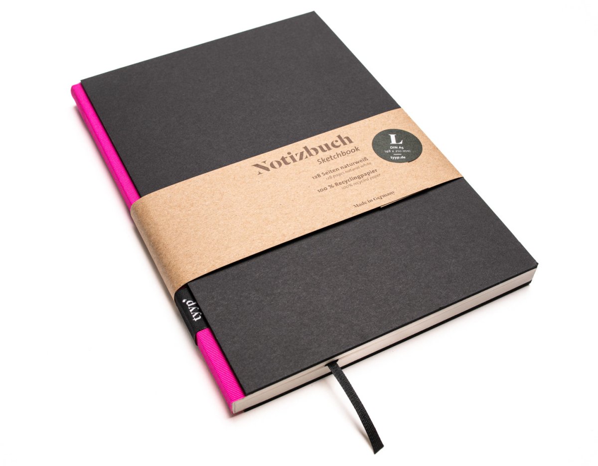 Notizbuch A5 „BerlinBook“ blanko, perforiert, Einband Schwarz | Bundfarbe: Pink-Shocking