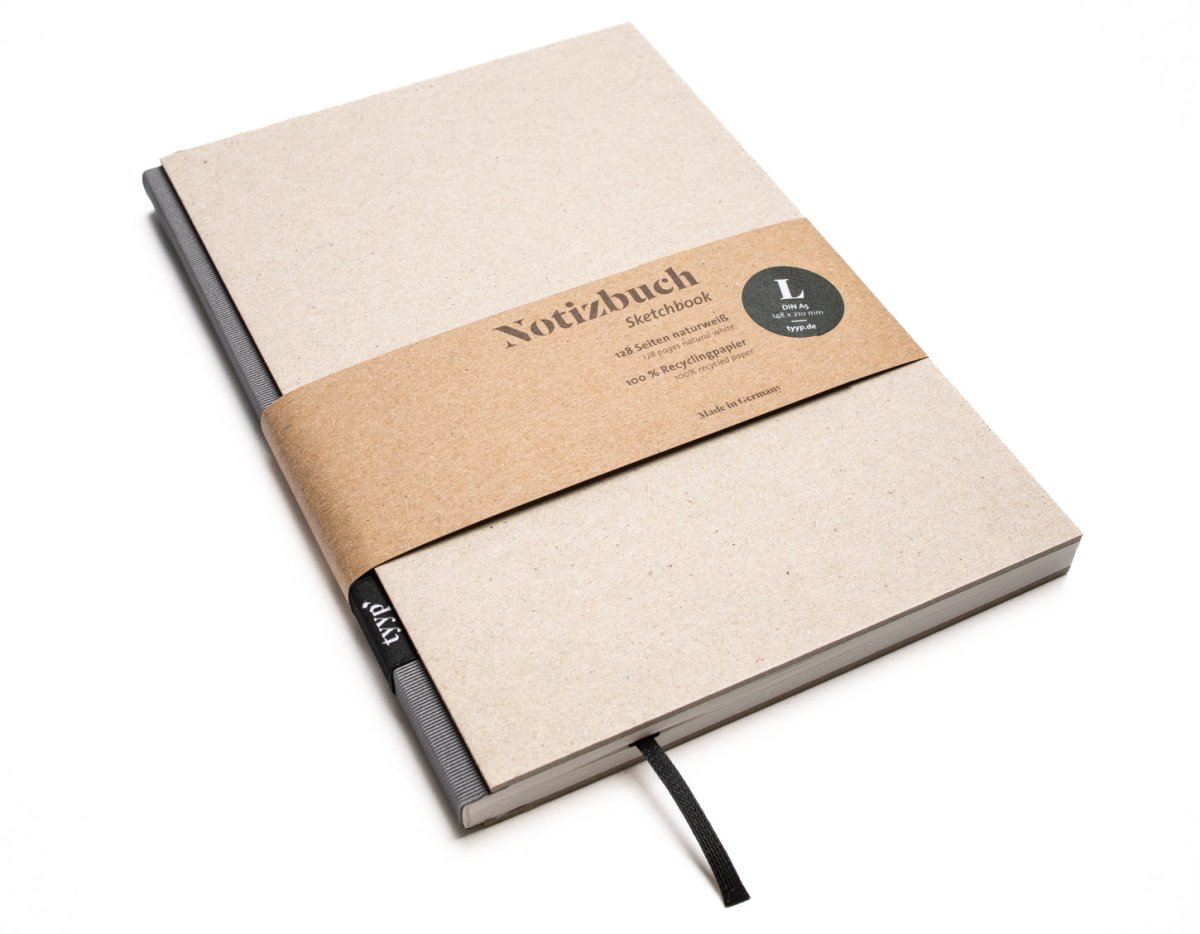 Notizbuch A5 „BerlinBook“ blanko, perforiert, Einband Recyclingkarton Grau | Bundfarbe: Carbon-Grau
