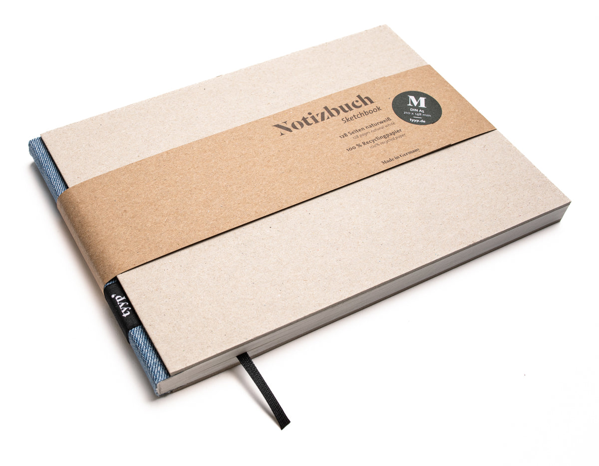 Notizbuch A5 Querformat „BerlinBook“ blanko, perforiert, Einband Recyclingkarton Grau | Bundfarbe: Jeans Blau