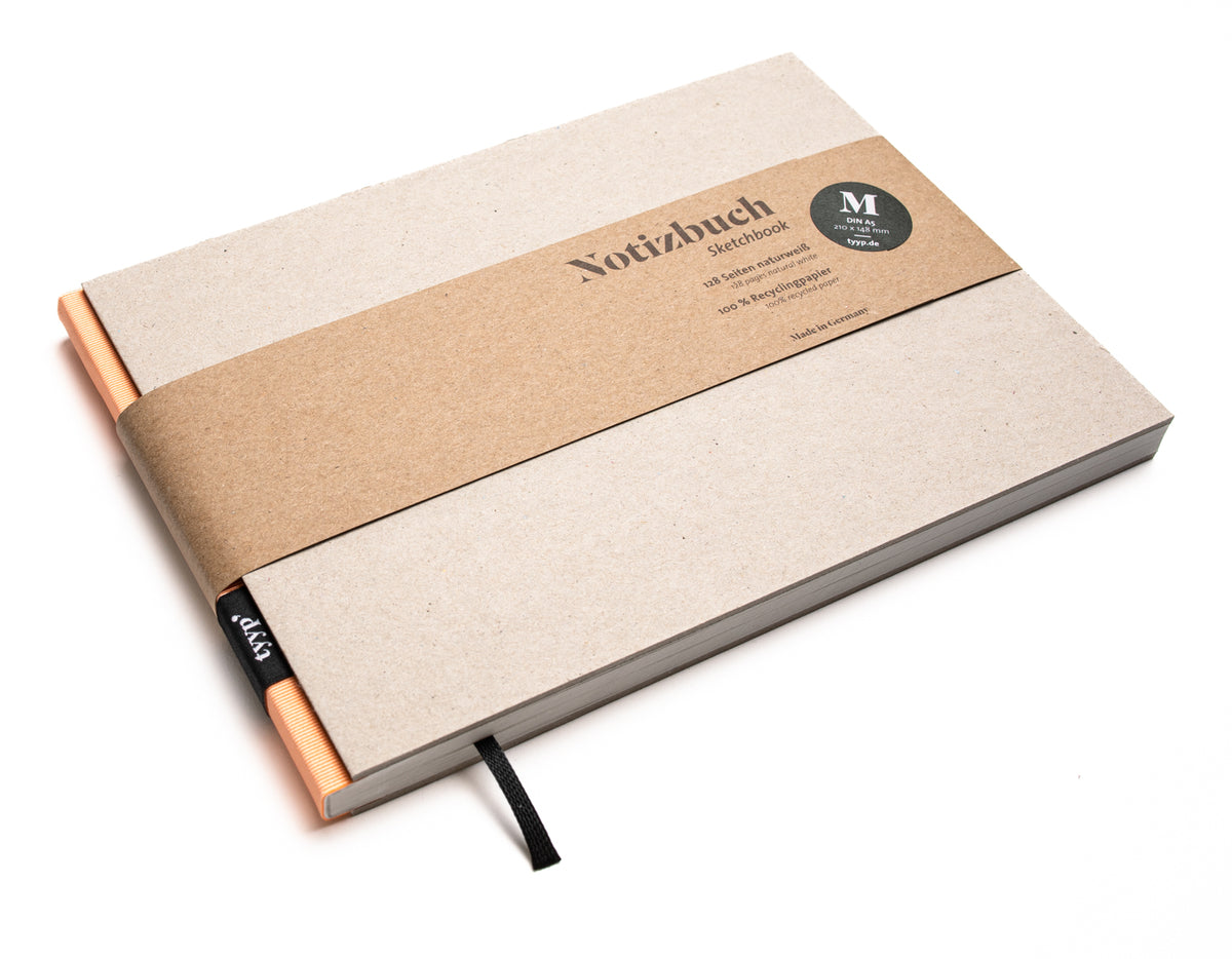 Notizbuch A5 Querformat „BerlinBook“ blanko, perforiert, Einband Recyclingkarton Grau | Bundfarbe: Gelb