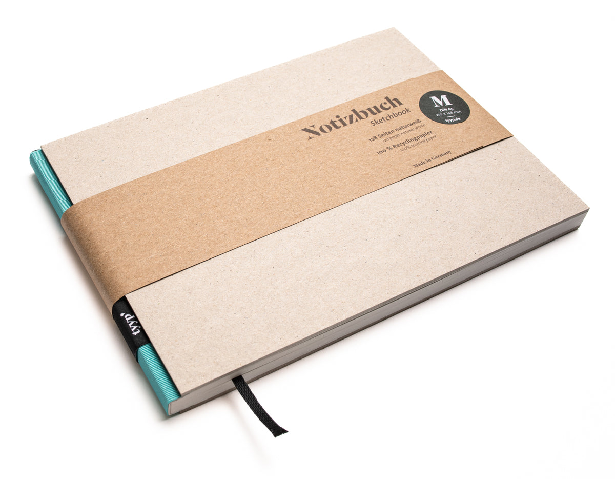 Notizbuch A5 Querformat „BerlinBook“ blanko, perforiert, Einband Recyclingkarton Grau | Bundfarbe: Maldive Türkis - tyyp