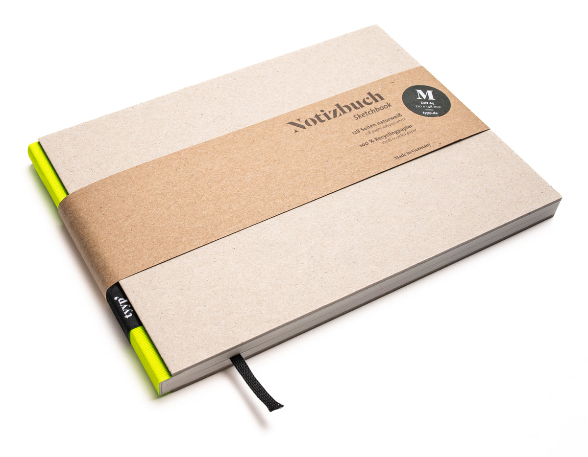 Notizbuch A5 Querformat „BerlinBook“ blanko, perforiert, Einband Recyclingkarton Grau | Bundfarbe: Neon-Gelb - tyyp