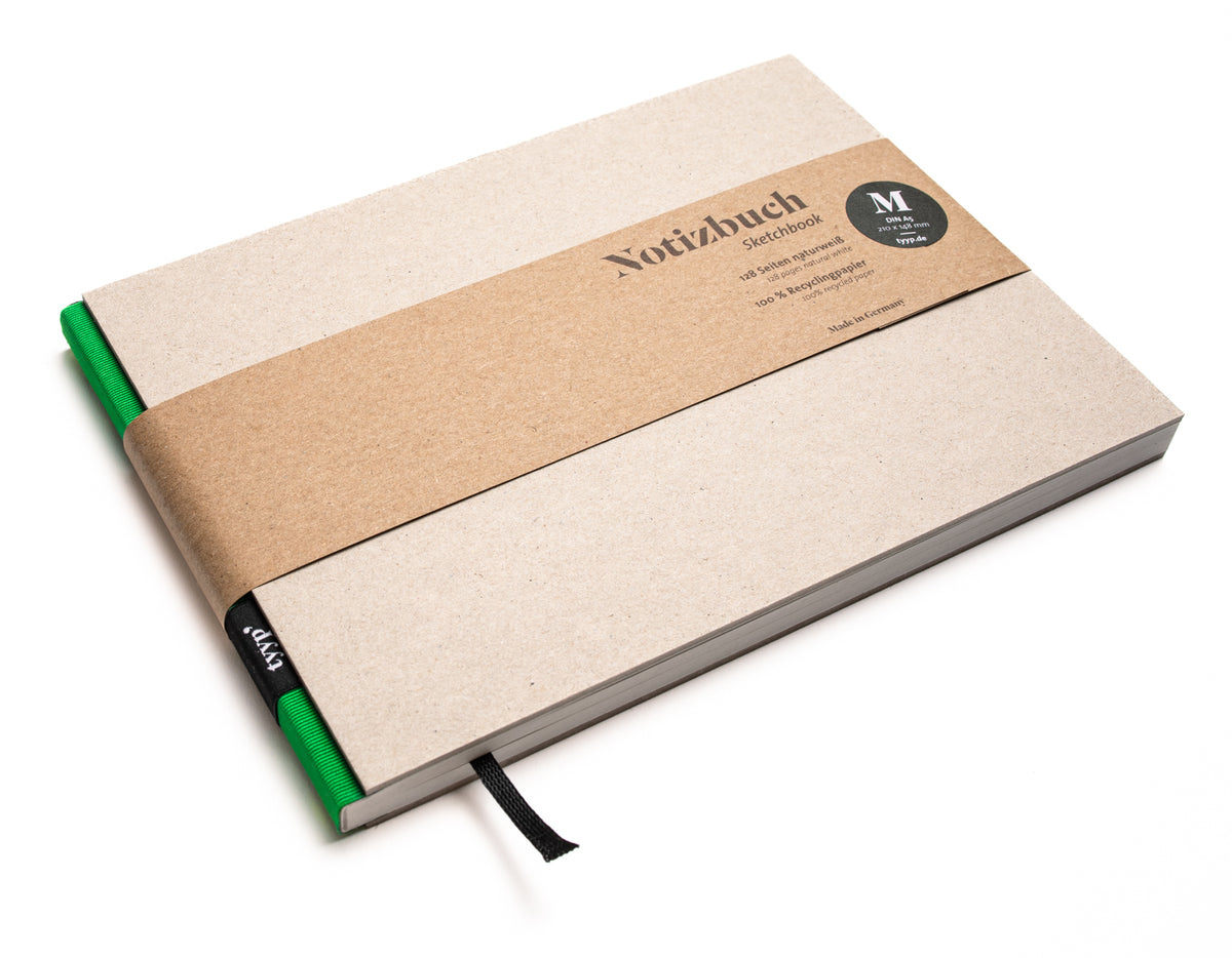 Notizbuch A5 Querformat „BerlinBook“ blanko, perforiert, Einband Recyclingkarton Grau | Bundfarbe: Gruen - tyyp