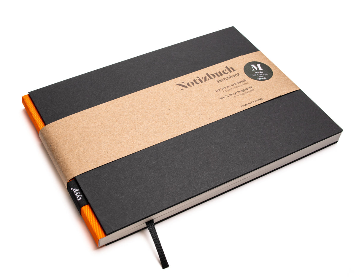 Notizbuch A5 Querformat „BerlinBook“ blanko, perforiert, Einband Schwarz | Bundfarbe: Orange - tyyp