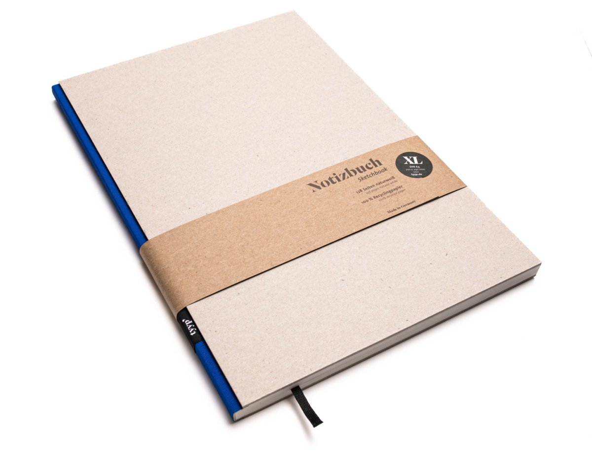 Notizbuch A4 BerlinBook, blanko und perforiert, Einband Recyclingkarton Grau, Bundfarbe Blau