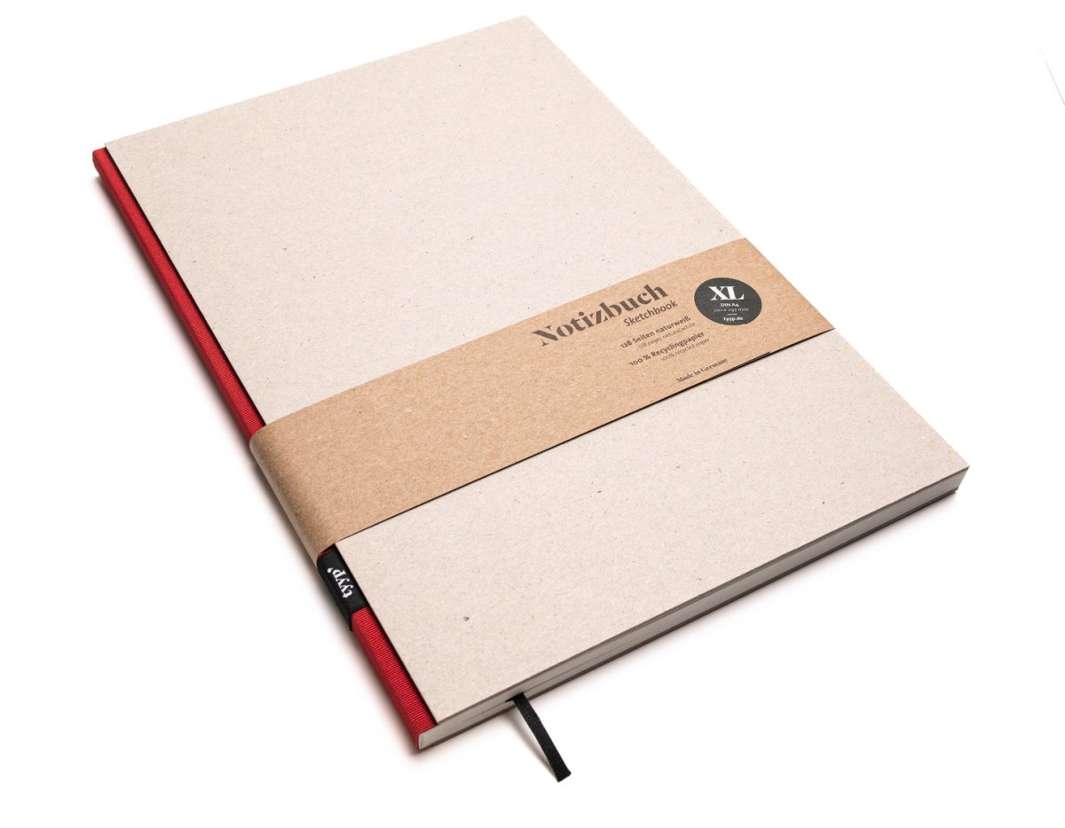 Notizbuch A4 BerlinBook, blanko und perforiert, Einband Recyclingkarton Grau, Bundfarbe Rot