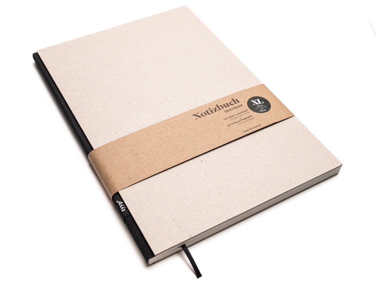 Notizbuch A4 BerlinBook, blanko und perforiert, Einband Recyclingkarton Grau, Bundfarbe Schwarz