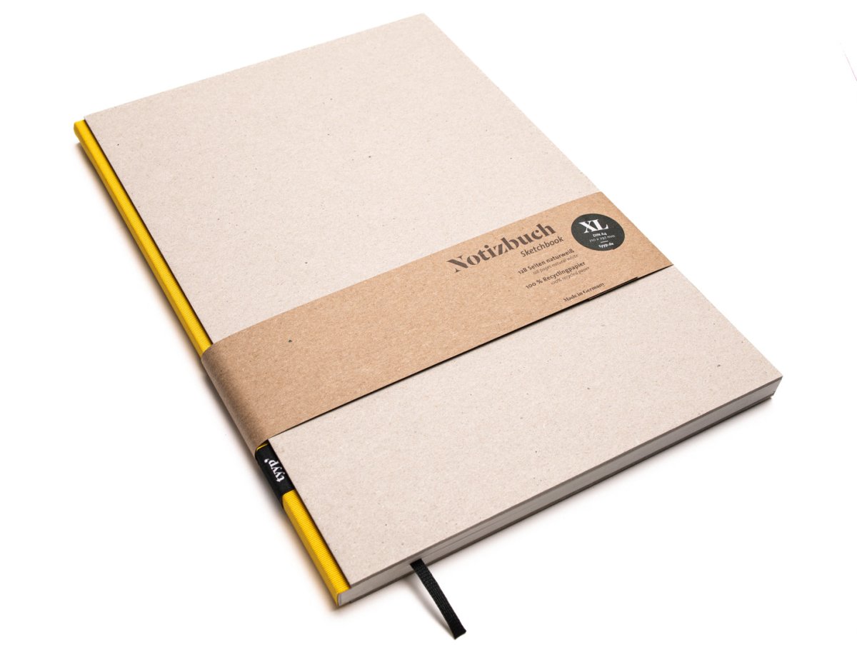 Notizbuch A4 BerlinBook, blanko und perforiert, Einband Recyclingkarton Grau, Bundfarbe Gelb