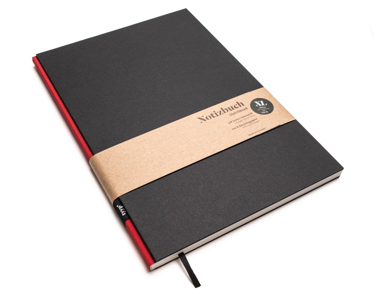 Notizbuch A4 BerlinBook, blanko und perforiert, Einband Schwarz, Bundfarbe Rot