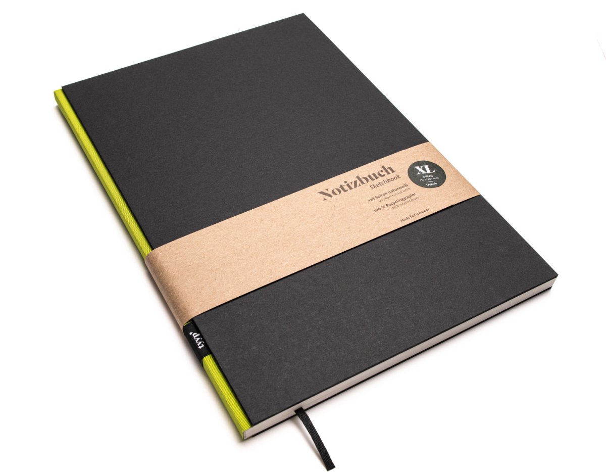 Notizbuch A4 BerlinBook, blanko und perforiert, Einband Schwarz, Bundfarbe Grün Limette