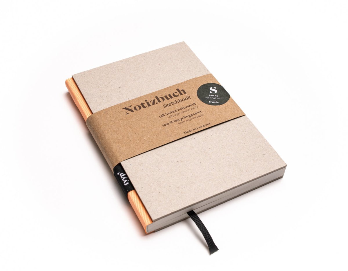 Notizbuch A6 „BerlinBook“ blanko, perforiert, Einband Grau Recyclingkarton | Bundfarbe Lachsfarben