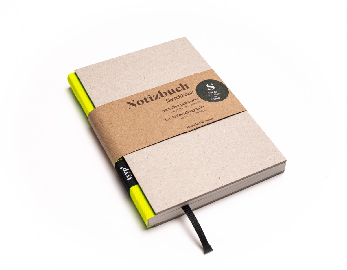 Notizbuch A6 „BerlinBook“ blanko, perforiert, Einband Grau Recyclingkarton | Bundfarbe Neon-Gelb