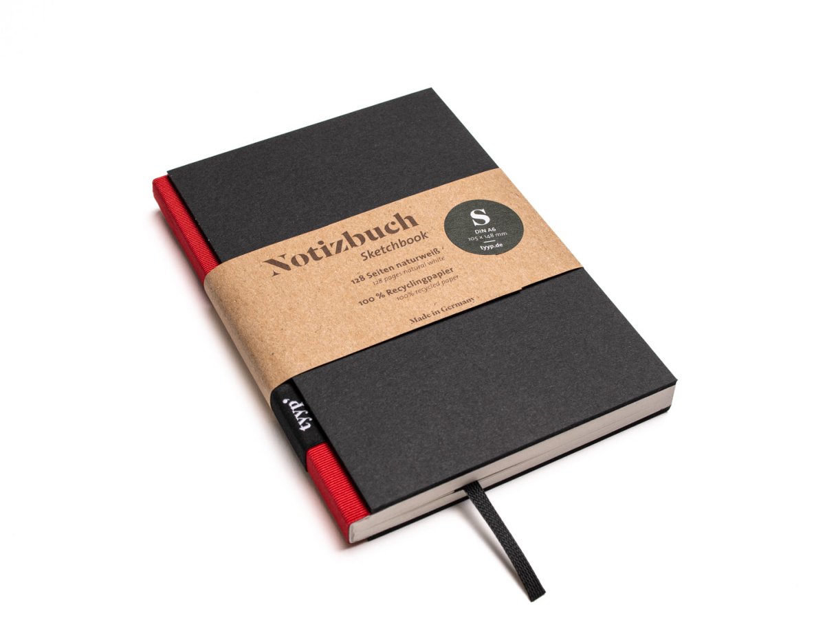 Notizbuch A6 „BerlinBook“ blanko, perforiert, Einband Schwarz | Bundfarbe Red