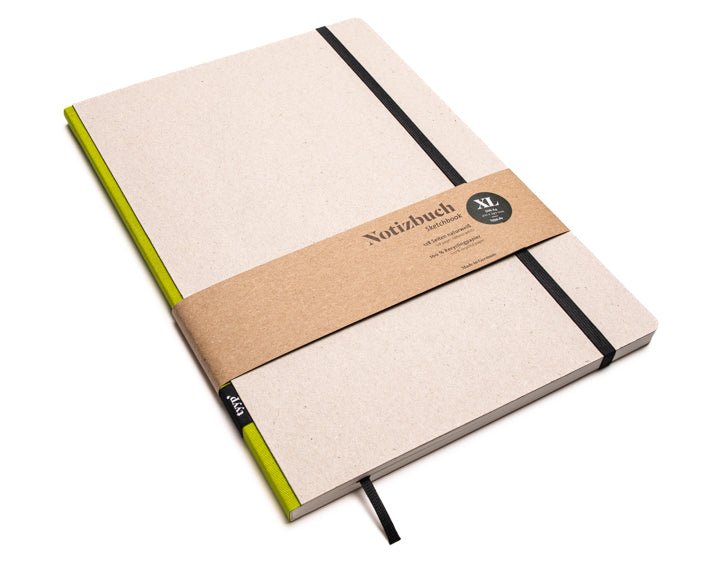 Notizbuch A4 gross „Klassik“ blanko, Abreißperforation, Einband Recyclingkarton Grau | Bundfarbe: Limetten-Gruen
