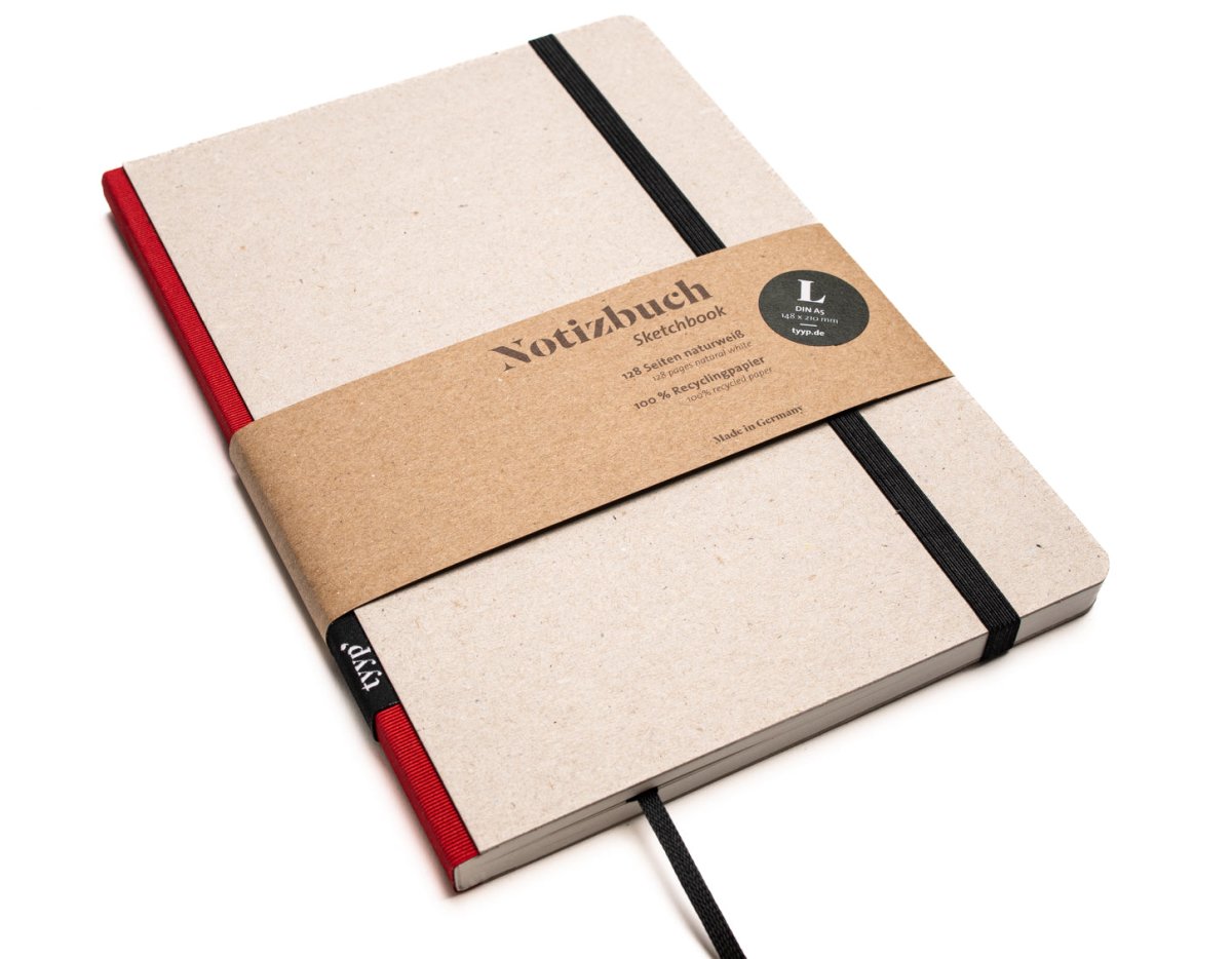 Notizbuch A5 „Klassik“ blanko, perforiert, mit Gummiband, Einband Grau Recyclingkarton | Bundfarbe: Red