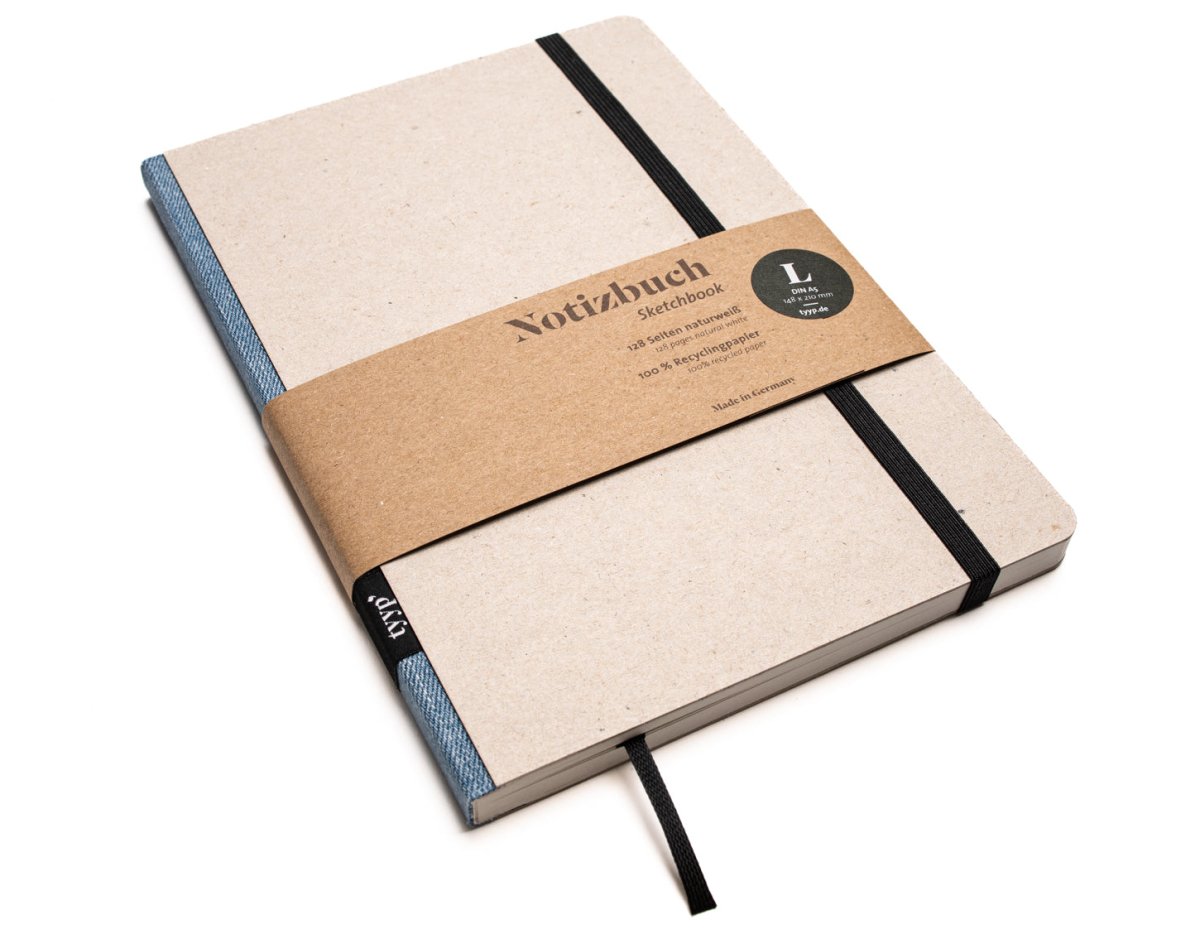 Notizbuch A5 „Klassik“ blanko, perforiert, mit Gummiband, Einband Grau Recyclingkarton | Bundfarbe: Jeans