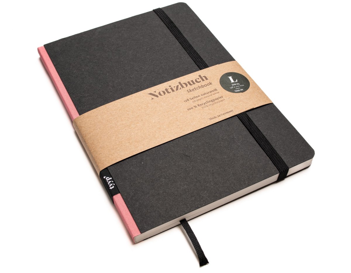 Notizbuch A5 „Klassik“ blanko, perforiert, mit Gummiband, Einband Schwarz | Bundfarbe: Rosa