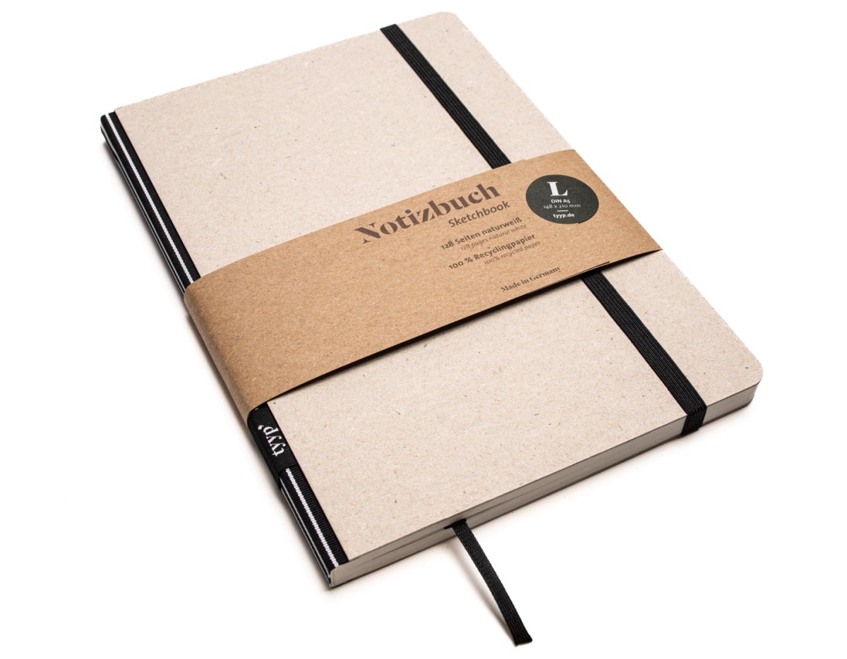 Notizbuch A5 „Klassik“ blanko, perforiert, mit Gummiband, Einband Grau Recyclingkarton | Bundfarbe: Schwarz-Streifen