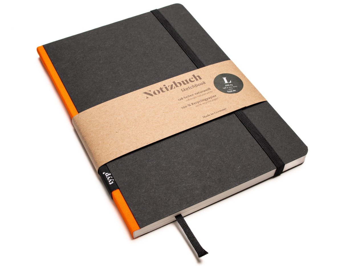 Notizbuch A5 „Klassik“ blanko, perforiert, mit Gummiband, Einband Schwarz | Bundfarbe: Orange