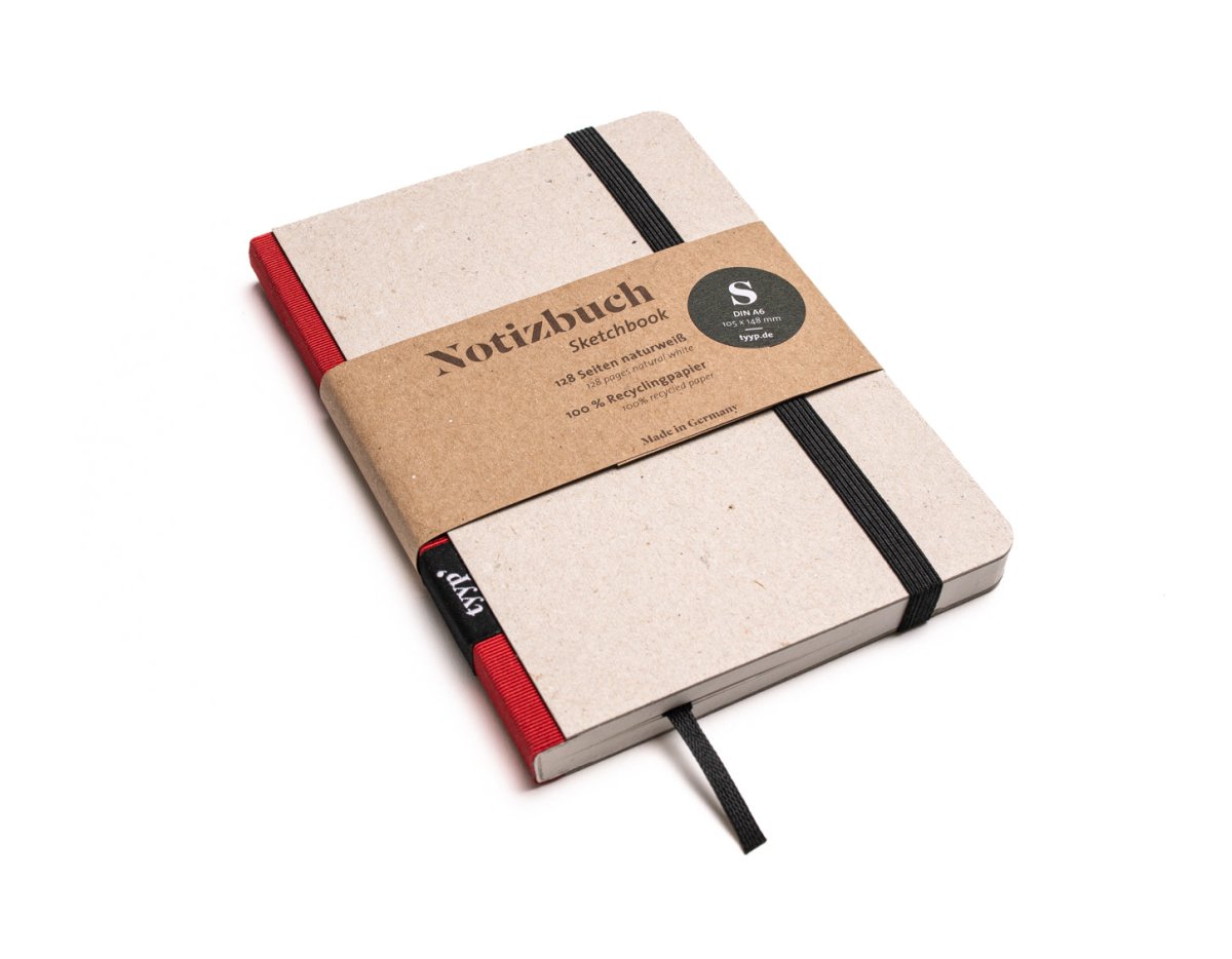 Notizbuch A6 „Klassik“ blanko, Abreißperforation, Einband Recyclingkarton Grau | Bundfarbe: Red
