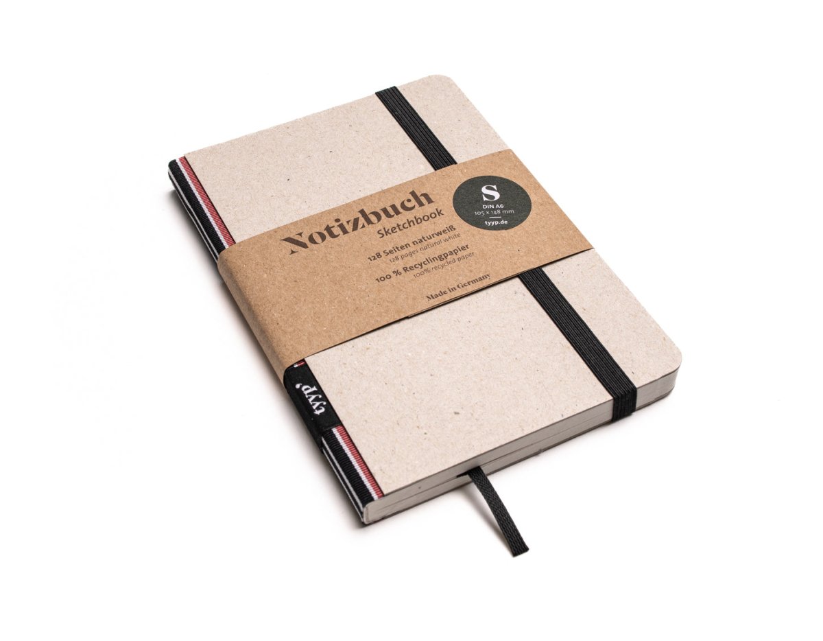Notizbuch A6 „Klassik“ blanko, Abreißperforation, Einband Recyclingkarton Grau | Bundfarbe: Altrosa-Streifen