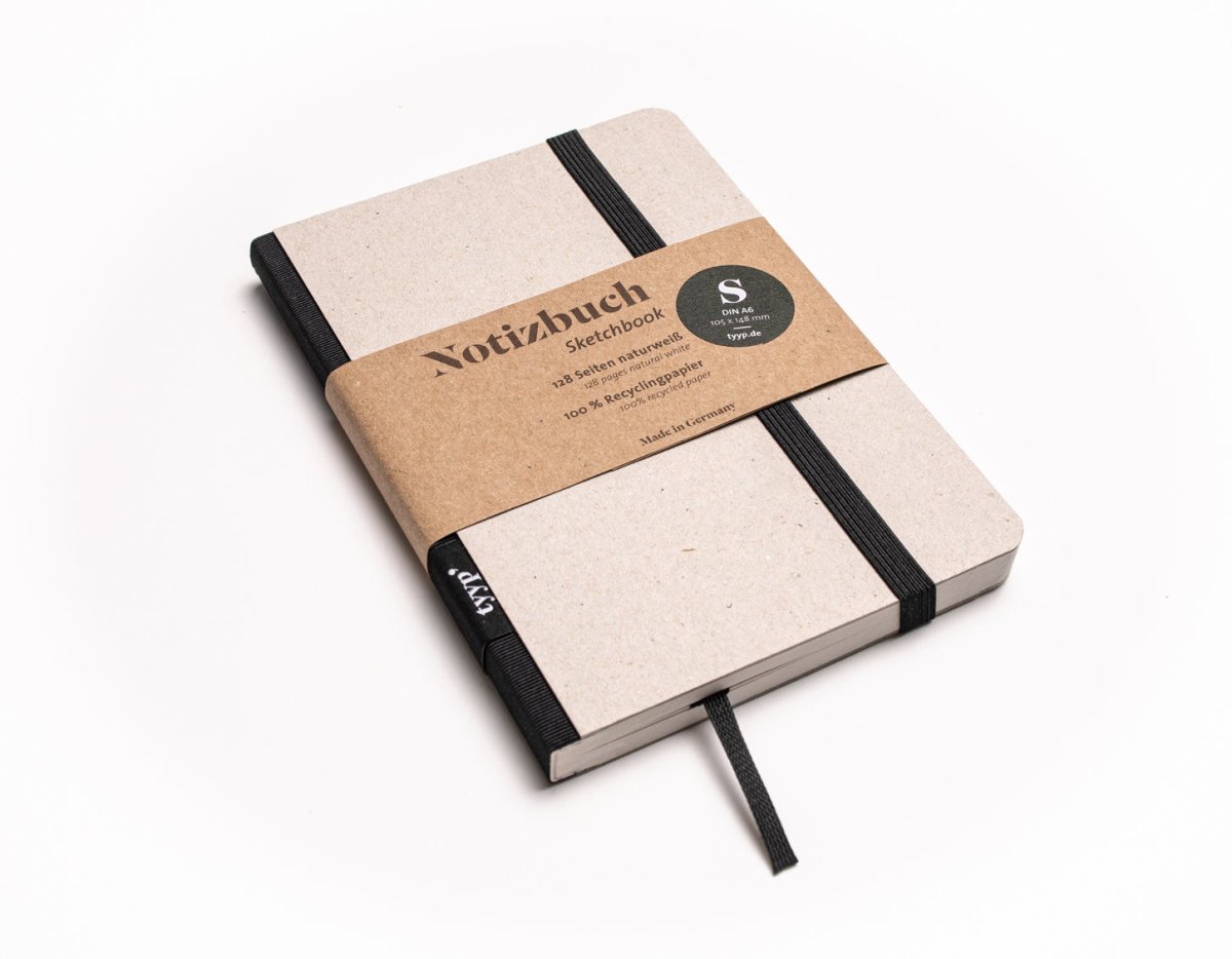 Notizbuch A6 „Klassik“ blanko, Abreißperforation, Einband Recyclingkarton Grau | Bundfarbe: Black
