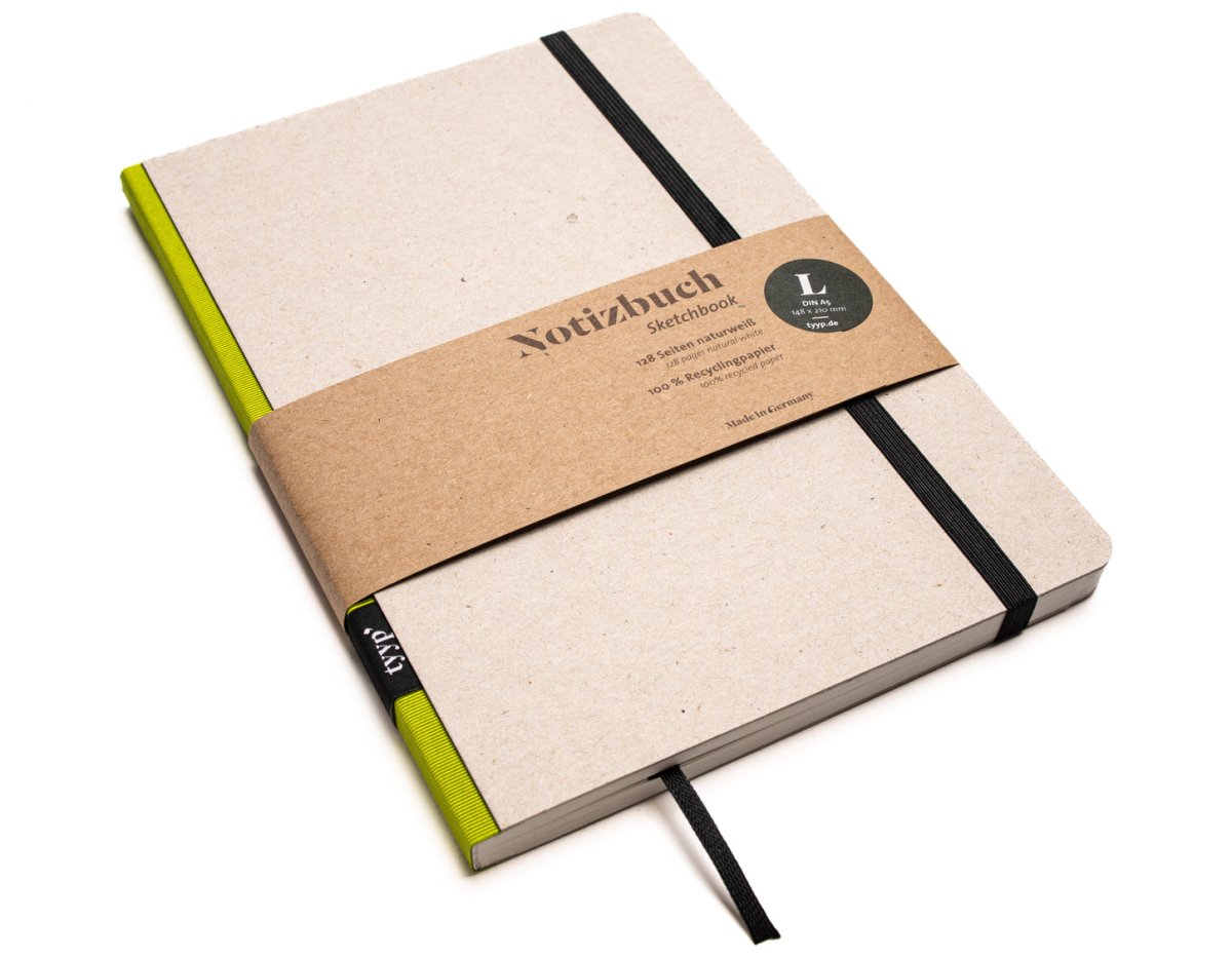 Notizbuch A5 „Klassik“ dotted, punktkariert, Einband Recyclingkarton Grau | Bundfarbe: Limette-Gruen