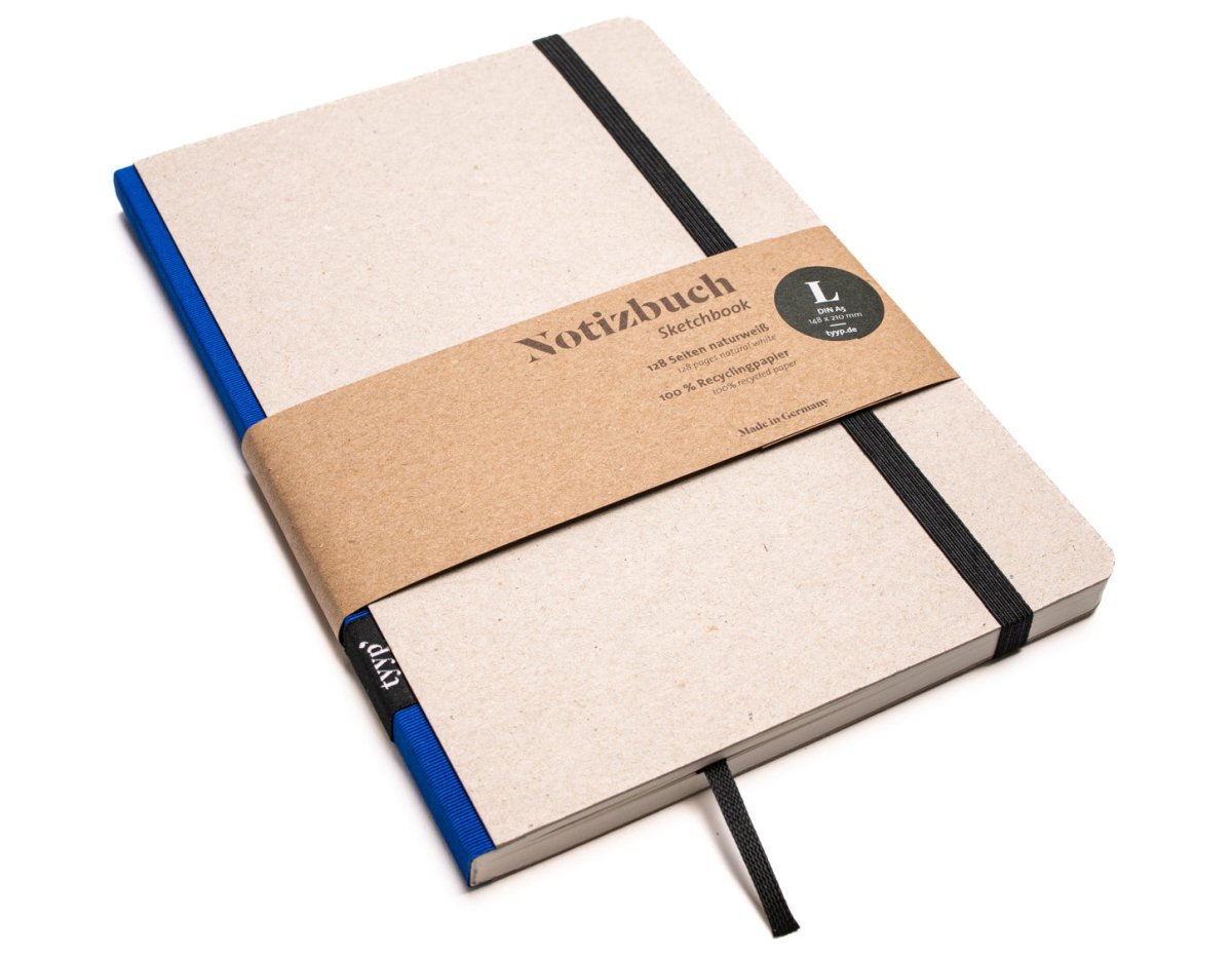 Notizbuch A5 „Klassik“ dotted, punktkariert, Einband Recyclingkarton Grau| Bundfarbe: Blau Ocean