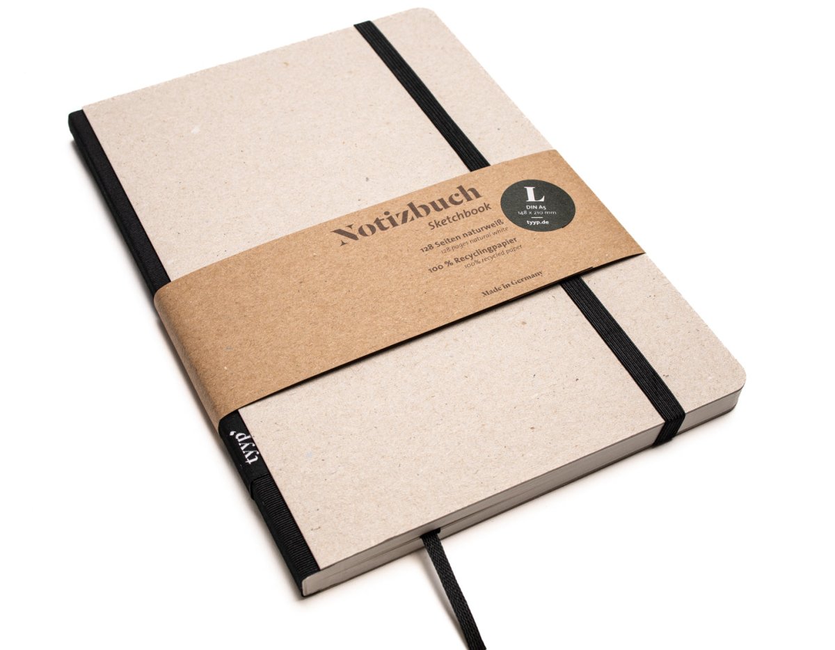 Notizbuch A5 „Klassik“ liniert, Einband Recyclingkarton Grau | Bundfarbe: Black