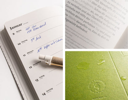 Detailaufnahme handschriftlicher Notizen im Buchkalender 2027