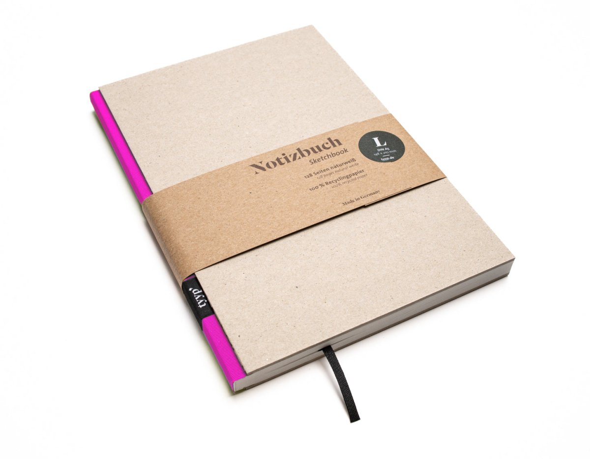 Notizbuch A5 „BerlinBook“ blanko, perforiert, Einband Recyclingkarton Grau | Bundfarbe: Pink-Shocking