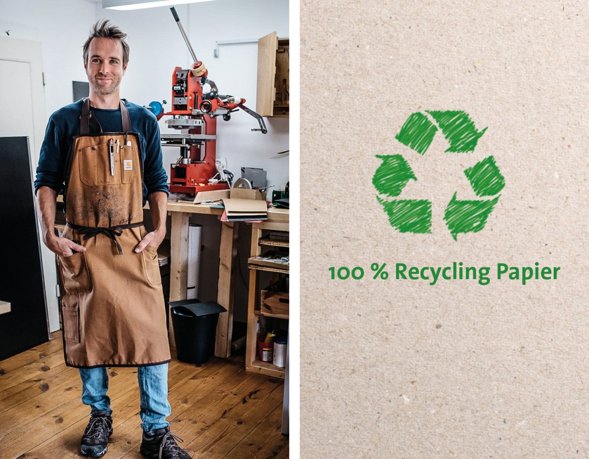 Christoph Andrews fertigt tyyp Notizbücher in Deutschland, Manufaktur-Foto nachhaltiges Papier, Recycling-Symbol
