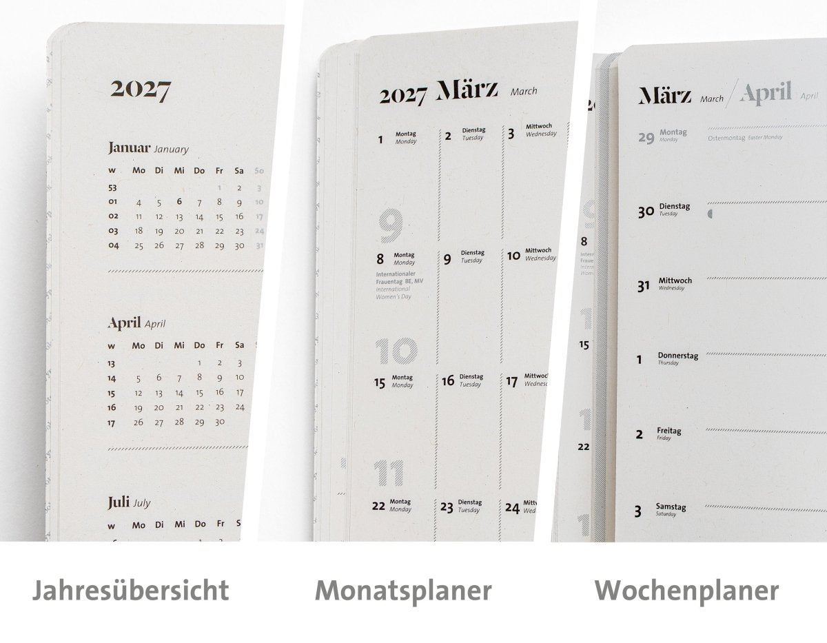 Jahresübersicht, Monatsplaner und Wochenplaner im Buchkalender 2027