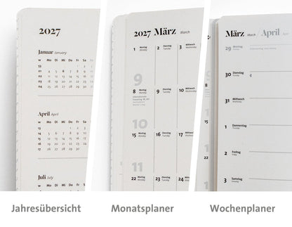 Jahresübersicht, Monatsplaner und Wochenplaner im Buchkalender 2027