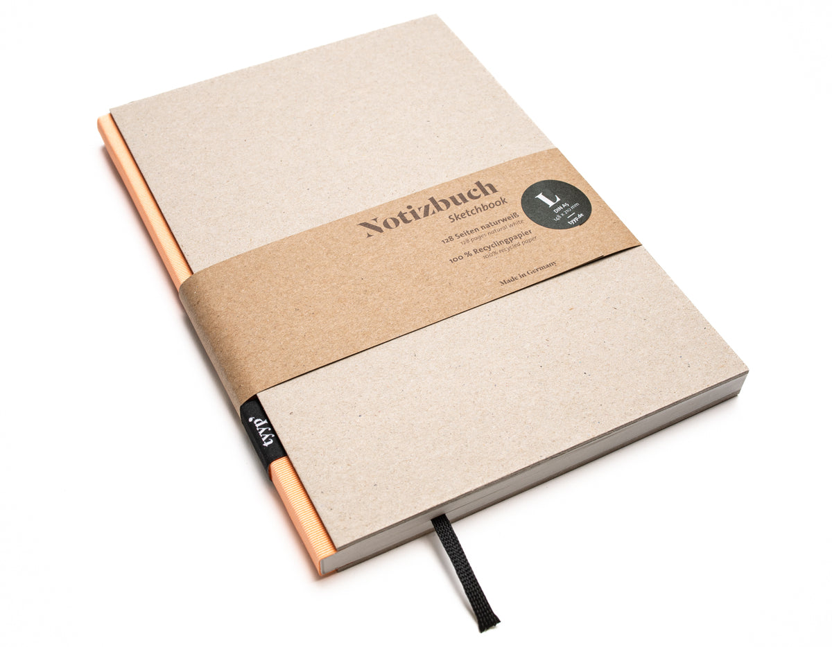 Notizbuch A5 „BerlinBook“ blanko, perforiert, Einband Recyclingkarton Grau | Bundfarbe: Pink-Shocking