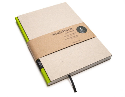 Notizbuch A5 „BerlinBook“ blanko, perforiert, Einband Recyclingkarton Grau | Bundfarbe: Limetten-Gruen