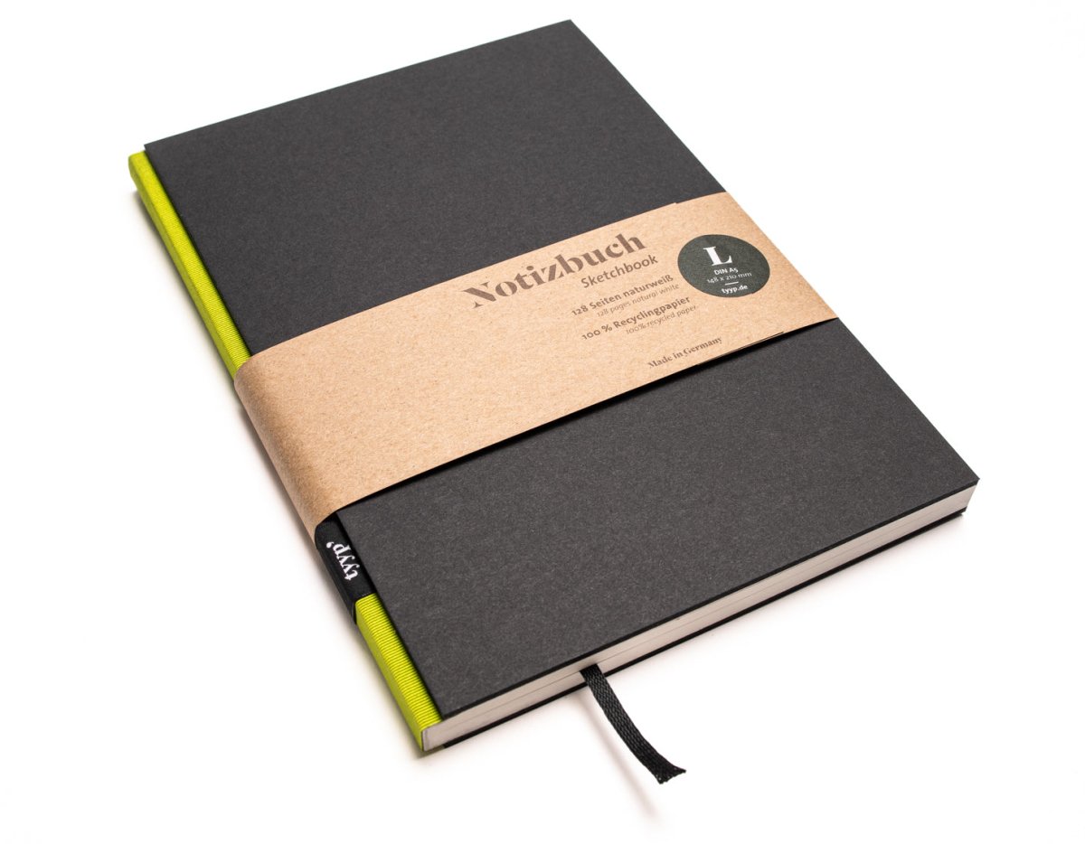 Notizbuch A5 „BerlinBook“ blanko, perforiert, Einband Schwarz | Bundfarbe: Limetten-Gruen